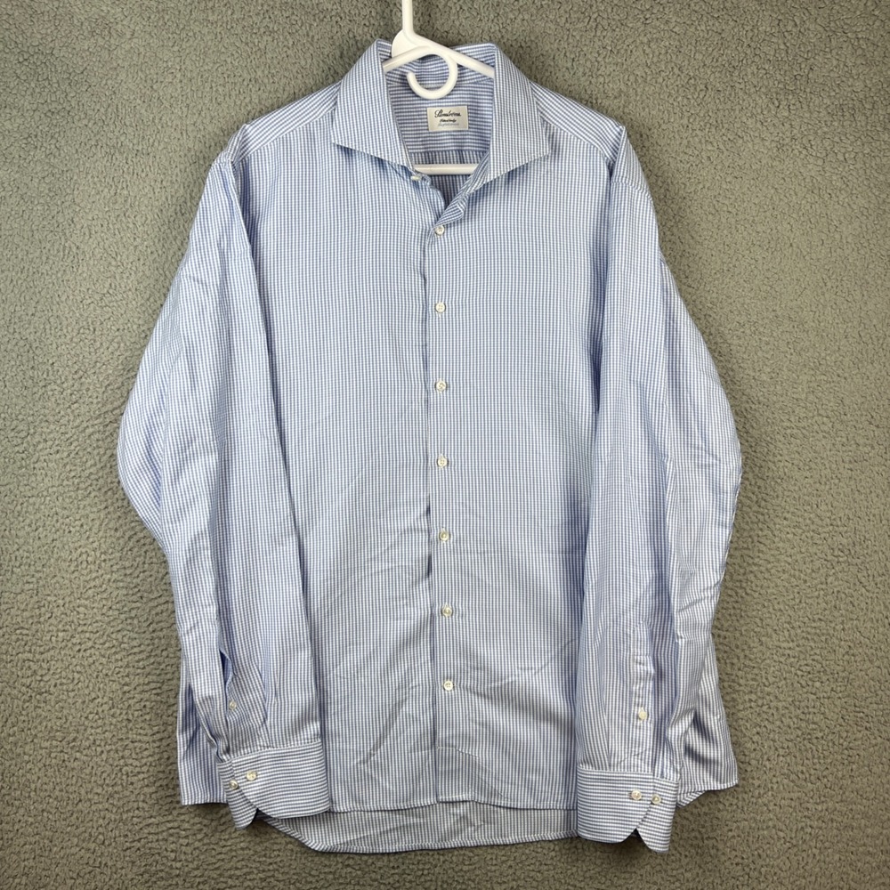 Stenstroms Mens Blue White Micro Check Fitted Body Twofold Stretch Shirt 17.5 44